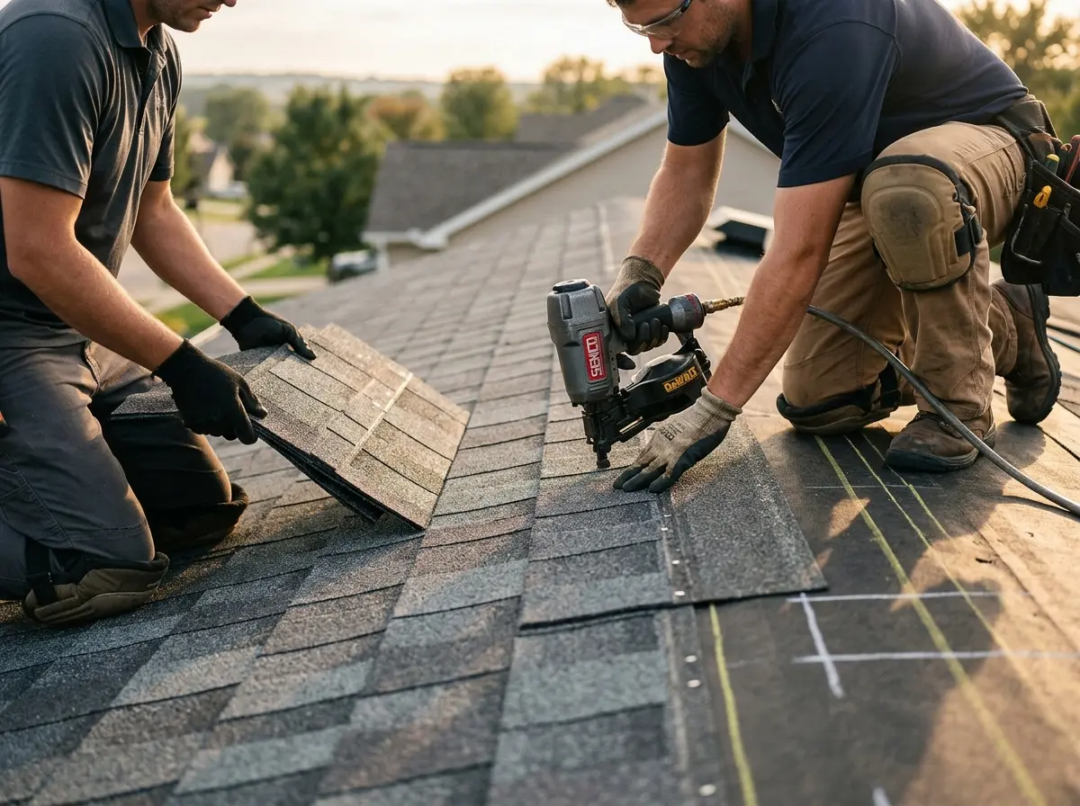 Professional roofer working on a residential roof in Dedham